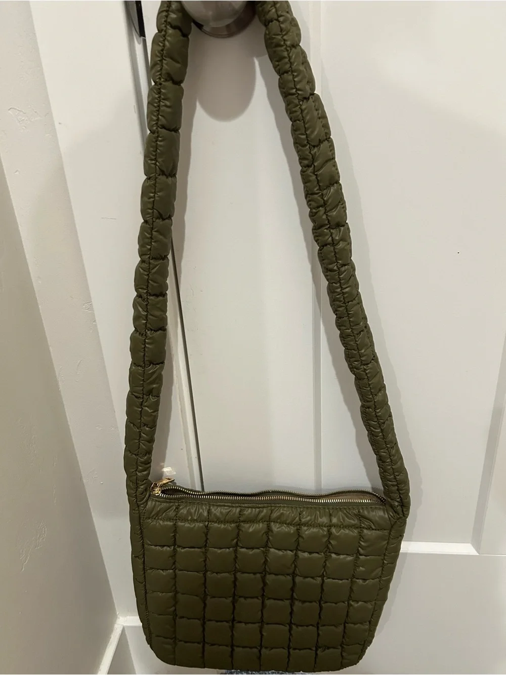 Katy Puffer Quilted Olive Green Shoulder Bag - Women